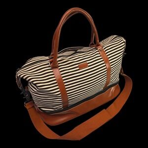 Striped Weekender Bag Duffle Luggage Black/White Canvas Faux Leather Trim